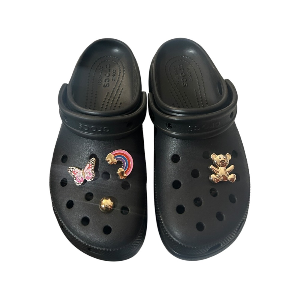 Crocs Classic Platform Clog Black Wedge Sandals with Gold Jibbitz Charms W8